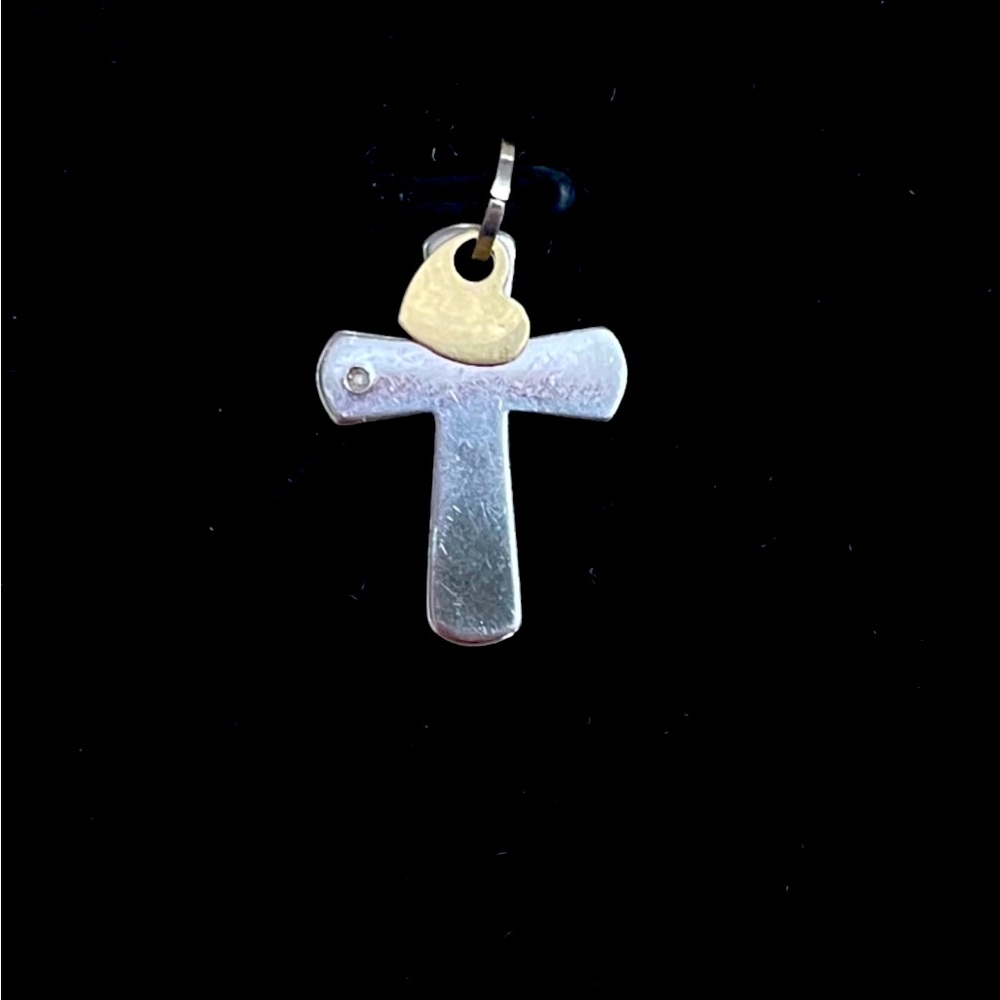 PAGODA Stainless Steel /14k Gold/Diamond Cross W/Heart Charm Minimalist Pendant